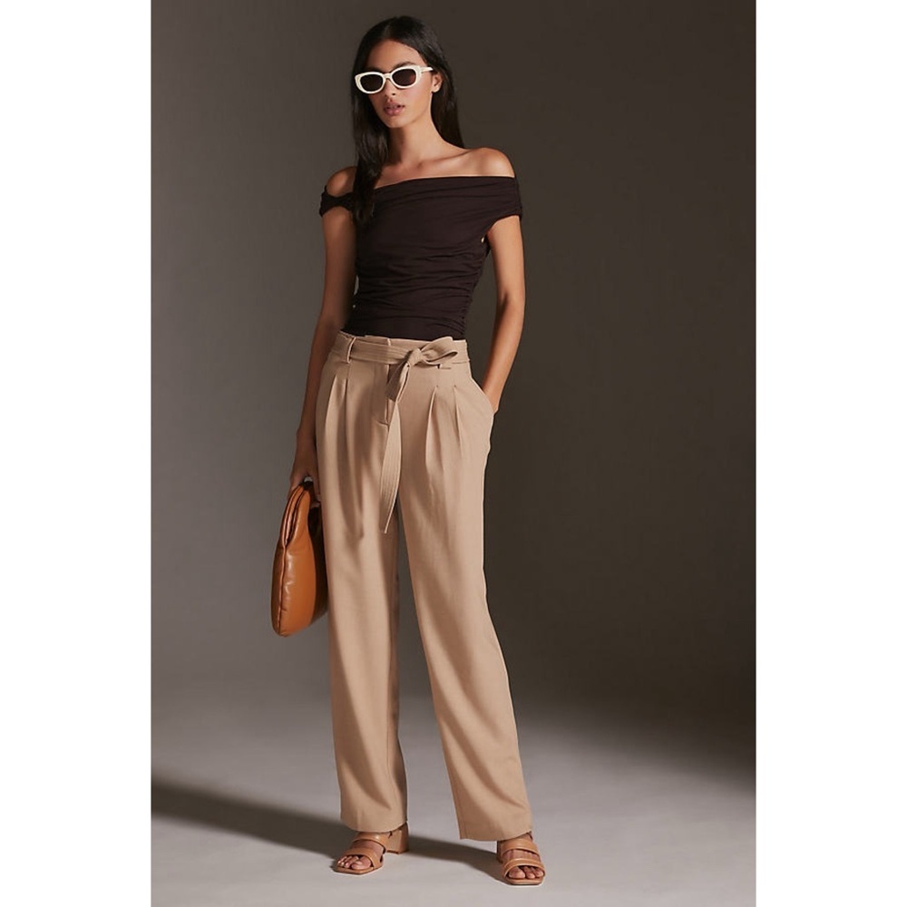 Anthropologie Maeve soft tailored belted pleated wide-leg trousers in tan